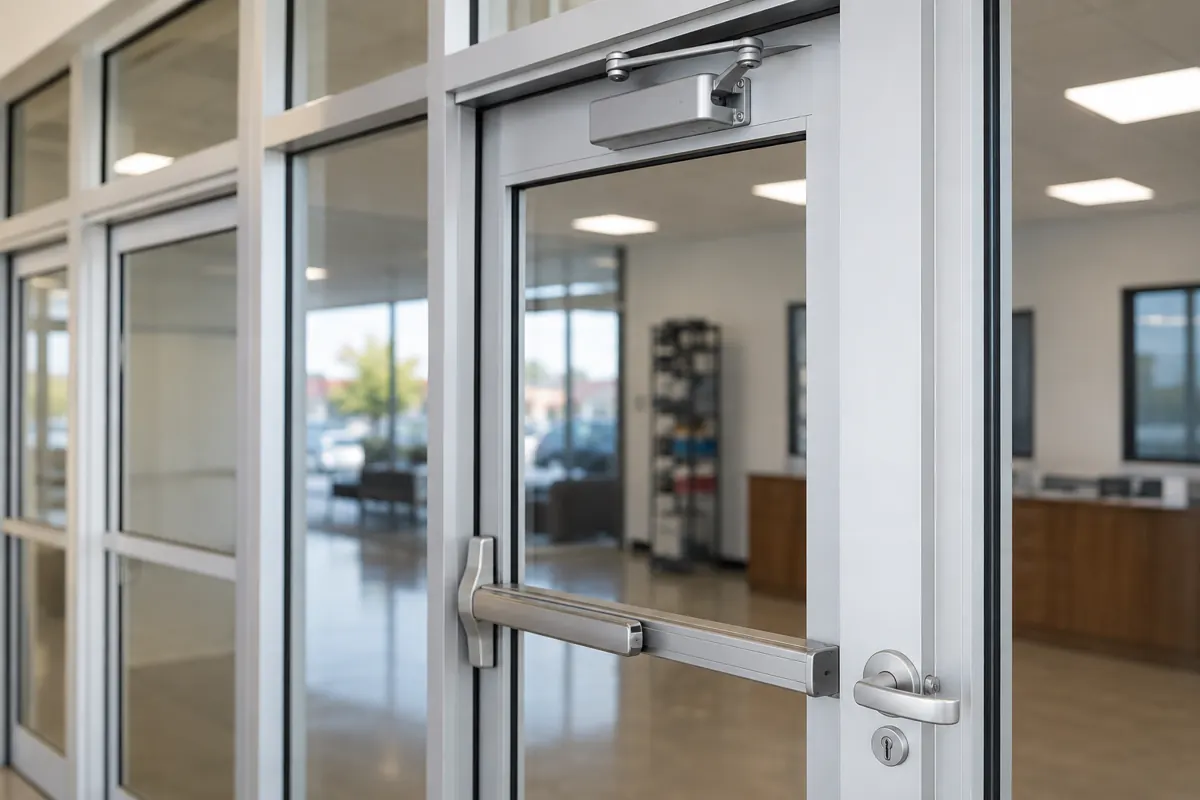 Generated illustrative image of commercial storefront door hardware with a lever handle and exit device, shown here to explain a mobile locksmith service for customers in Smyrna and Marietta, Georgia.
