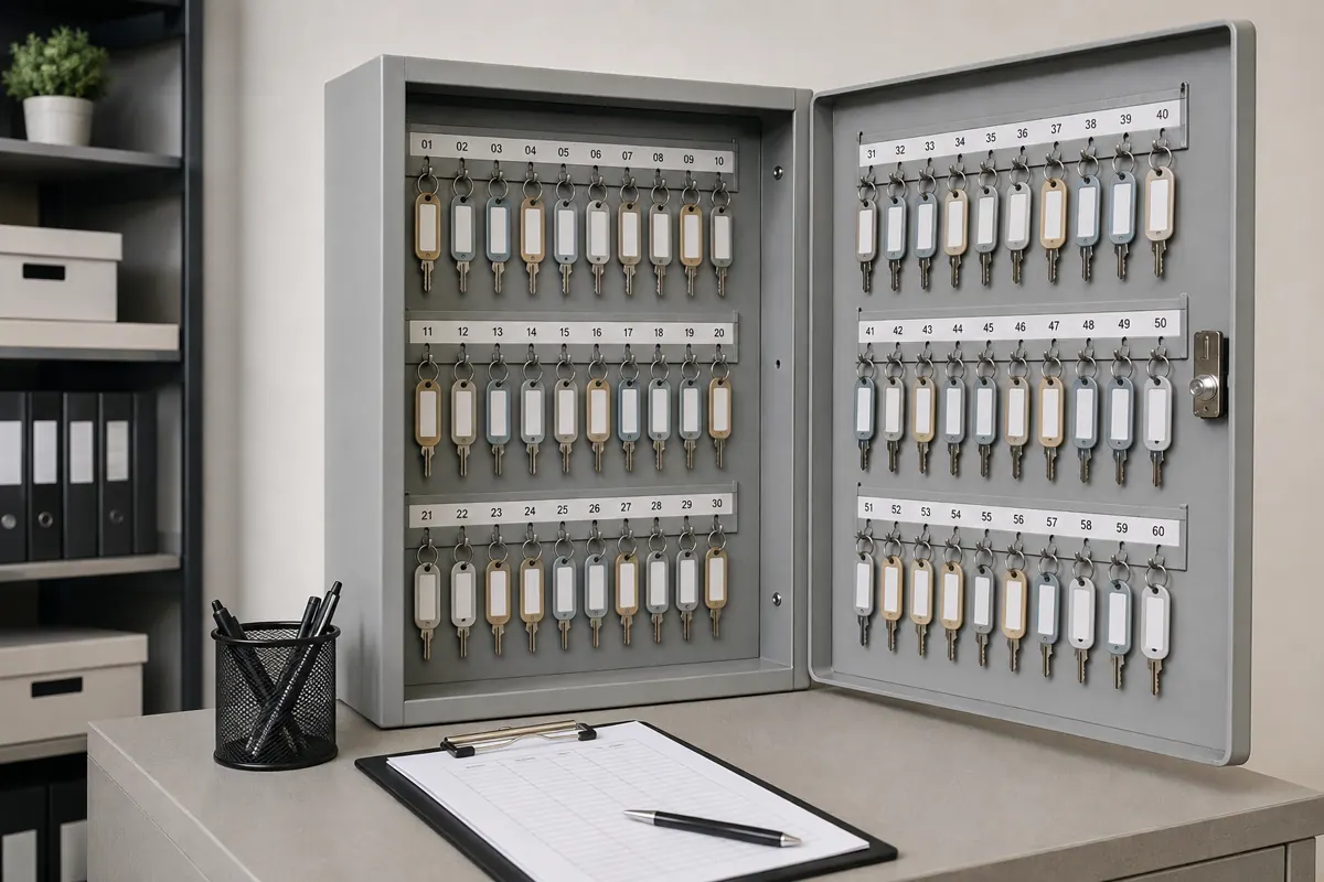 Generated illustrative image of an organised key-control board tracking issued keys for a property, shown here to explain a mobile locksmith service for customers in Smyrna and Marietta, Georgia.