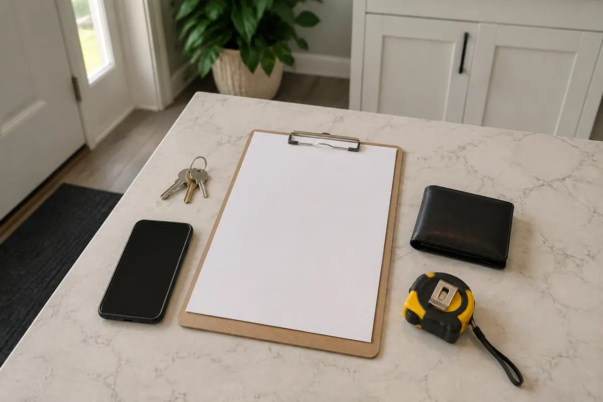 Generated illustrative image of a printed checklist and hand tools laid out before a mobile locksmith visit, shown here to explain a mobile locksmith service for customers in Smyrna and Marietta, Georgia.