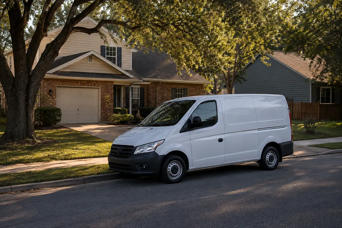 Generated illustrative image of a mobile locksmith van arriving at a customer's address, shown here to explain a mobile locksmith service for customers in Smyrna and Marietta, Georgia.