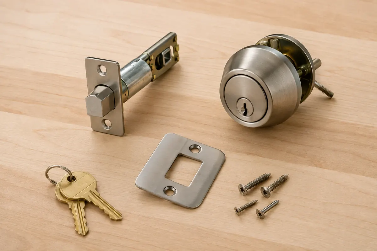 Generated illustrative image of residential deadbolt, latch, strike plate, screws, and keys arranged on a workbench, shown here to explain a mobile locksmith service for customers in Smyrna and Marietta, Georgia.