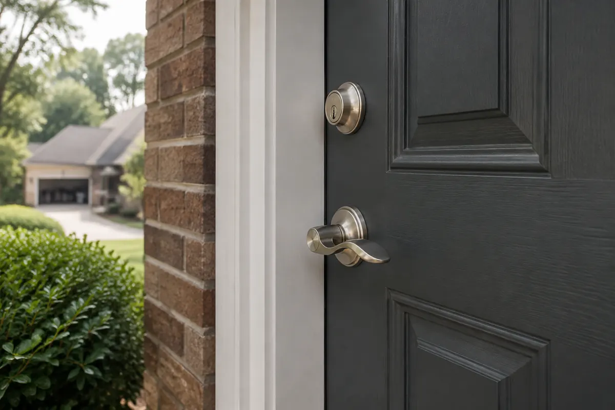Generated illustrative image of a residential entry door fitted with a deadbolt and keyed knob, shown here to explain a mobile locksmith service for customers in Smyrna and Marietta, Georgia.