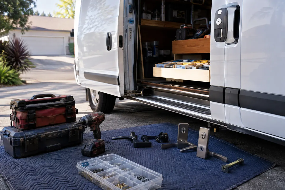 Generated illustrative image of a mobile locksmith's portable equipment set up for a service call, shown here to explain a mobile locksmith service for customers in Smyrna and Marietta, Georgia.