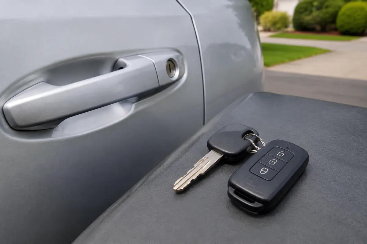 Generated illustrative image of a car key and transponder fob beside a vehicle door lock, shown here to explain a mobile locksmith service for customers in Smyrna and Marietta, Georgia.